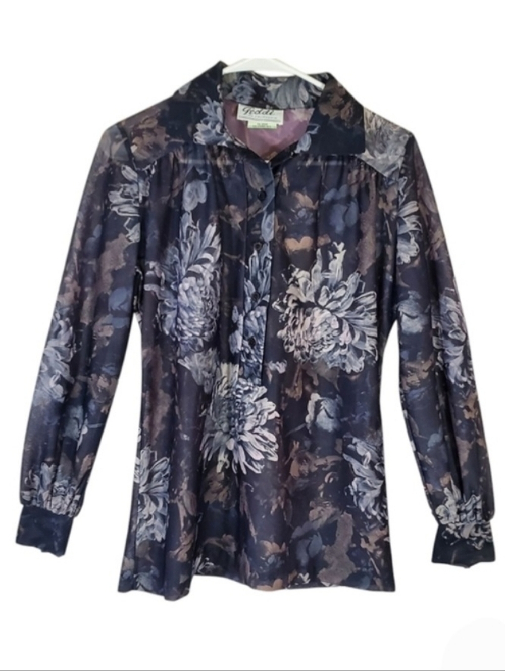 2137 * Teddi of California Floral Blouse Black Gray White Size 8 Vintage 70s